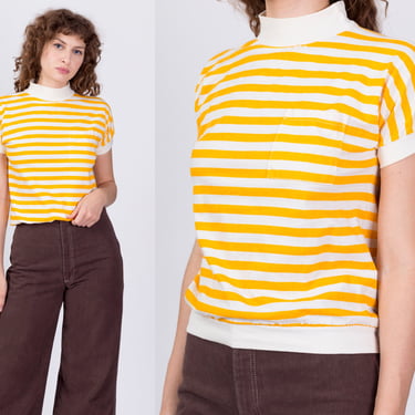 80s Yellow & White Striped Shirt - Small | Vintage Short Sleeve Mockneck Crop Top 