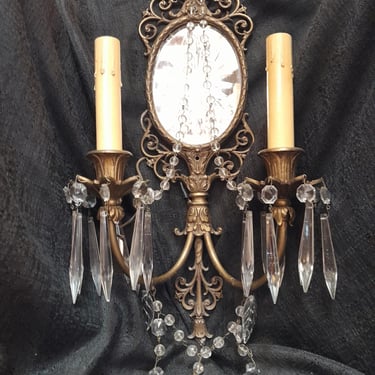Antique Crystal and Brass 2 Arm Sconce