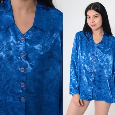Satin Floral Shirt 90s Embossed Blue Long Sleeve Blouse Princess Seam Silky Shirt Button Up 1990s Vintage Top Large L 