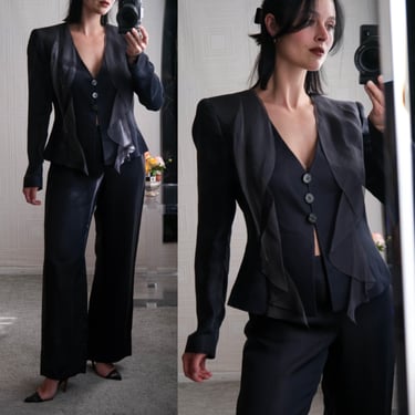 GIORGIO ARMANI 2006 Runway Midnight Stripe Silk Peplum Suit w/ Silk Chiffon Lapel | Made in Italy | 100% Silk | Y2K ARMANI Designer Suit 