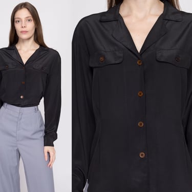 Vintage Christian Dior Black Blouse - Medium | 80s 90s Minimalist Long Sleeve Button Up Collared Top 