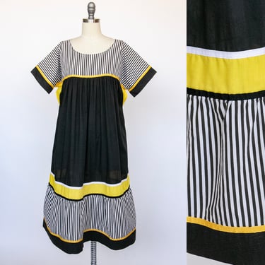 1980s Tent Dress Cotton Stripe Caftan M 