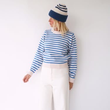 Vintage French Stripes Blue And White Knitted Sweater | Round Neck Striped Long Sleeve Sweater | Perfect Sailor Mariniere | Breton Sweater 