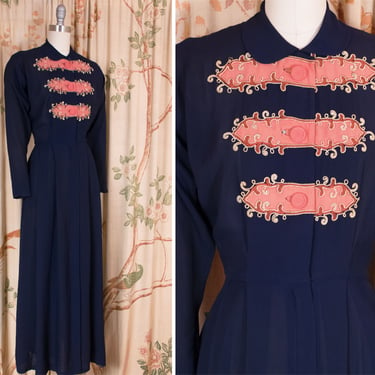 1940s Dressing Gown - Dramatic Navy Blue Hostess Robe with Rose Pink Accent and Soutache Trim 