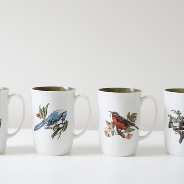 Fitz and Floyd Neiman Marcus White Porcelain Bird Mugs (Set of 4) 