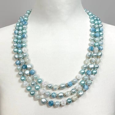 VINTAGE 50s Ocean Aqua Blue Beaded 3 Strand Long Necklace JAPAN | 1950s Mid Century Jewelry Necklace | VFG 