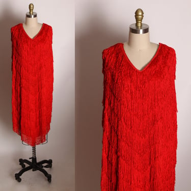 1980s Red Fringe Sleeveless Sheath Flapper Style Shimmy and Shake Dress by Nightworks -2XL 