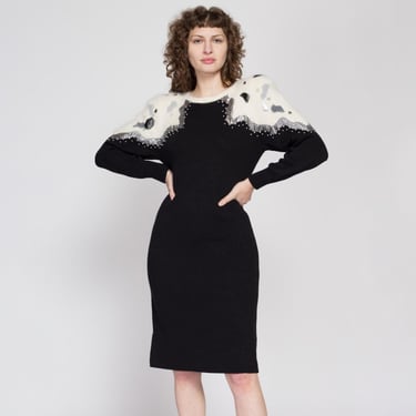 Small 80s Black & White Angora Knit Midi Sweater Dress | Vintage Embellished Long Sleeve Shoulder Pad Dress 