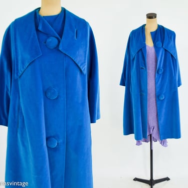 1960s Aqua Blue Velvet Swing coat | 60s Turquoise Blue Cotton Velvet Coat | Marguerite Rubel | Large 