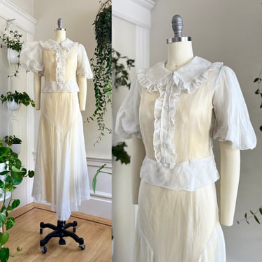 Vintage 1930s Maxi Dress | 30s NRA CODE White Sheer Organza Ruffled Puff Sleeve Romantic Feminine Wedding Tea Gown with Slip (x-small/small) 