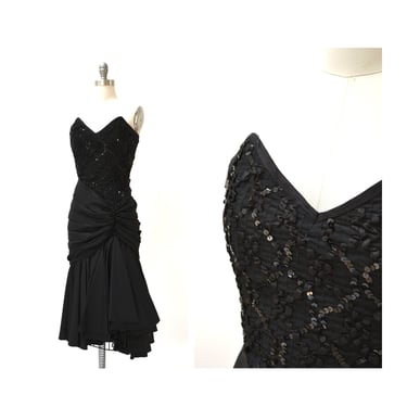 Vintage 80s Prom Dress Black Sequin Dress Evening Gown 80s strapless sequin dress XXS XS // 80s Pageant Dress Black Sequins Ruffles Dress 