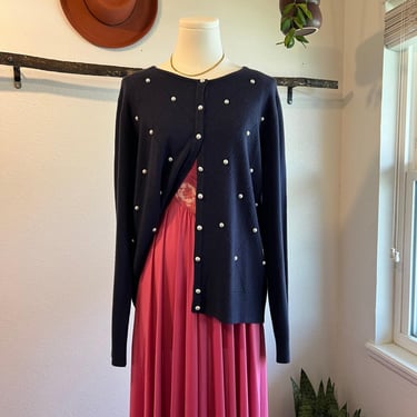 Vintage Soft Blue Knit Pearl Embellished Button Front Cardigan Sweater Size Large 