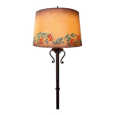 Patinated Wrought Iron Tripod Floor Lamp with Signed J. Lagoy Hand Painted Monterey Shade 