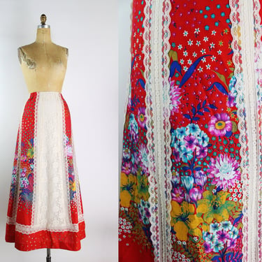 70s Tumbleweeds Floral Maxi Skirt / Elastic waist / Boho / Size M/L 