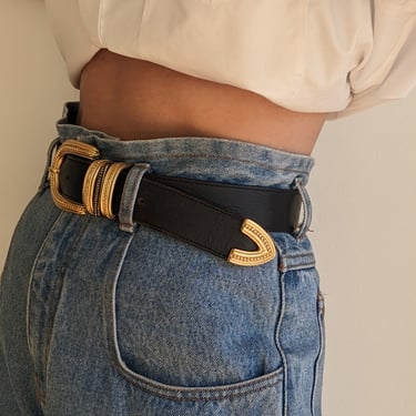 Bold Vintage Black Pebbled Leather & Gold Buckle Belt | Na  display picture 1