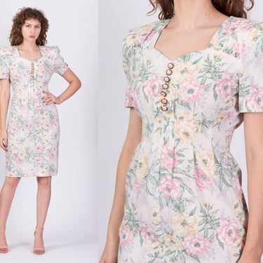 M| 80s Pastel Floral Puff Sleeve Dress - Medium | Vintage Sweetheart Neck Sheath Dress 