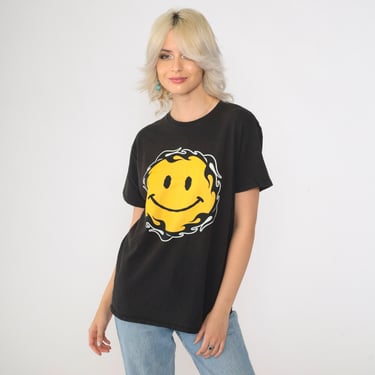 00s Smiley Face Flame T-Shirt Vintage Black Graphic Tee 2000s Happy Face Shirt Short Sleeve Crew Neck 00s Y2K Small Medium 