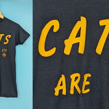 Vintage 70s Blue Single Stitch T-shirt Youth Medium / Women's XS "Cats are it!!" 
