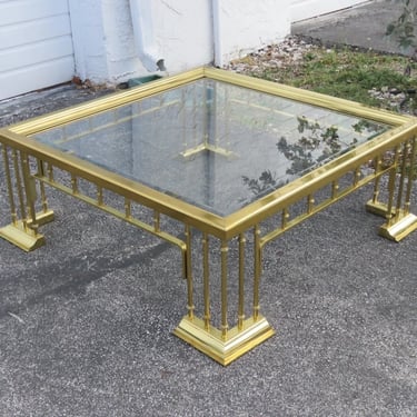 Hollywood Regency Gold Brass Finish Glass Top Square Coffee Table 4005