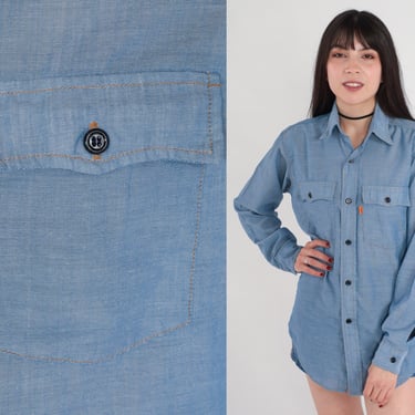 Levis Chambray Shirt 80s Blue Button up Shirt Orange Tab Levi Strauss Long sleeve Retro Pocket Boyfriend Top Vintage 1980s Mens Small S 