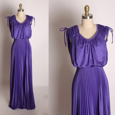 1970s Deep Purple Sleeveless Gathered Shoulder Pleated Skirt Full Length Goddess Formal Cocktail Dress -S 