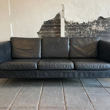 Mid century danish modern minimalist 3 seat sofa couch black leather maple legs 