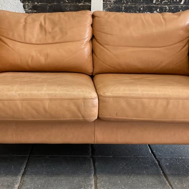 Mid century danish modern minimalist 2 seat sofa couch Tan leather oak legs 