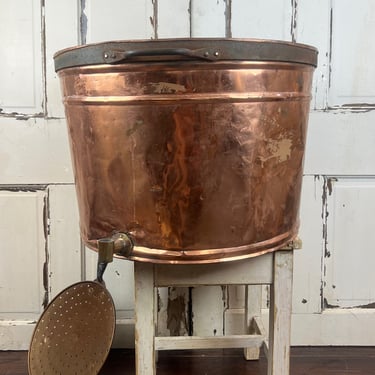Antique XL Copper Bucket Pot, French, Iron Banding and Double Handle with spigot 