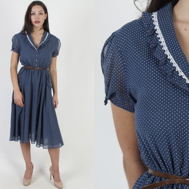 Casual Loose Fitting Swiss Dot Dress With Hip Pockets 