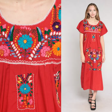 Mexican Floral Dress 90s Red Midi Dress Embroidered Flower Hippie Day Tent Bohemian Summer Casual Puebla Festival Vintage 1990s Medium M 