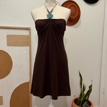 IDFY Y2K Chocolate Brown Stone Beaded Halter Boho Indie Mini Dress Large 