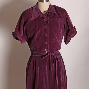 1950s Purple Wide Strap Belted Gold Detail Wiggle Dress with Matching Short Sleeve Jacket by Koret of California 