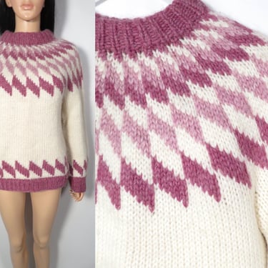 Vintage Nordic Fair Isle Warm Wool Mauve Pink Sweater Size M 