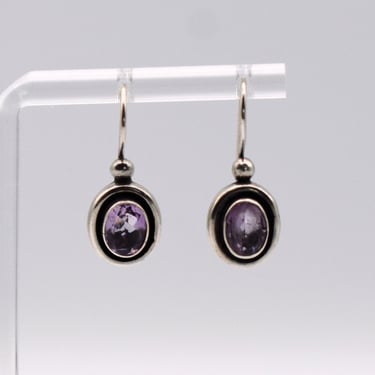 60's sterling amethyst shadow box dangles, mid-century 925 silver 1.25 carat purple gem oval earrings 