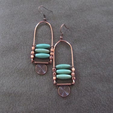 Teal and copper rustic ethnic earrings, tribal earrings, boho earrings, bold statement, bohemian, mid century modern 