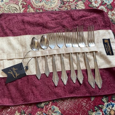 Antique German silver plate flatware, Facher fan pattern by WMF | assorted forks & 2 spoons, CM monogram 