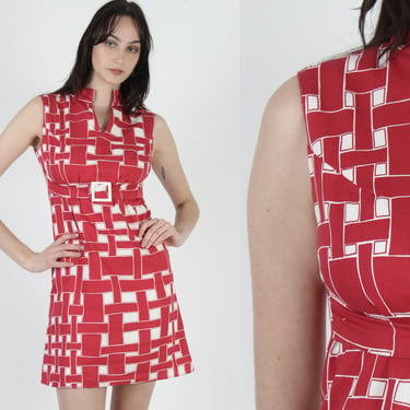 70s Basket Weave Print Dress, Vintage Belted Fit N Flare Micro Mini, Vintage Scooter Style Tank Frock 
