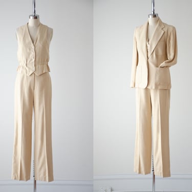 beige silk suit | 70s vintage Evan Picone cream raw silk dark academia high waisted pants trousers waistcoat 3 piece suit 