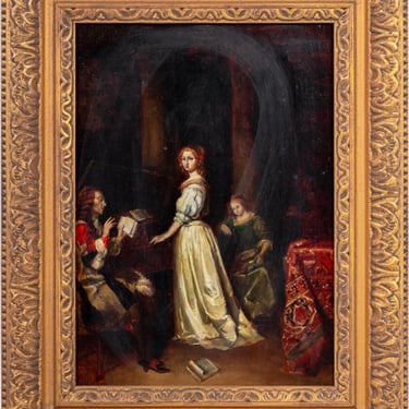 After Caspar Netscher Courting Scene Oil on Panel