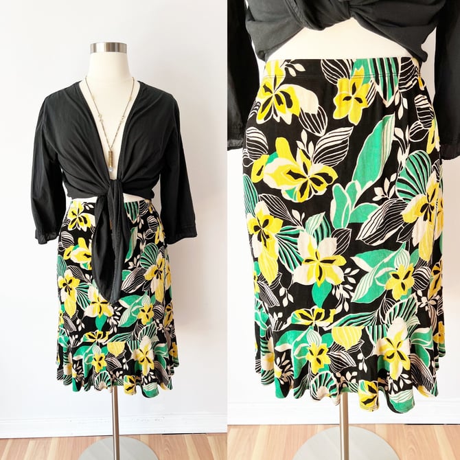 SIZE  3X Y2K Large Floral Slinky Skirt Fluted / Plus Size Spring Skirt / Vintage Dark Cottagecore Midi Skirt 