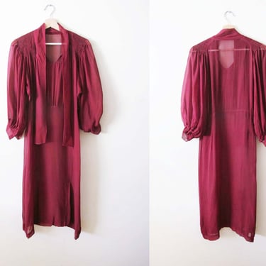 Vintage 1930s 1940s Silk Sheer Dress XXS XS - Tie Neck Wide Poet Sleeve Dress - Wine Burgundy Red Evening Dress - For Study Condition Issues 
