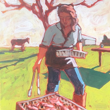 Woman Grilling - Original Acrylic Painting on Canvas 10 x 10 - michael van, bbq, texas, horse, farm, ranch, fine art, gallery wall 