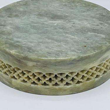 Vintage Natural Soapstone Carved Round Jewelry Box  Open Design from India 