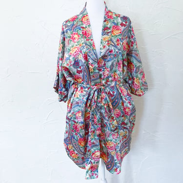 80s/90s White Floral Paisley Liquid Satin Short Sleeve Robe | One Size 