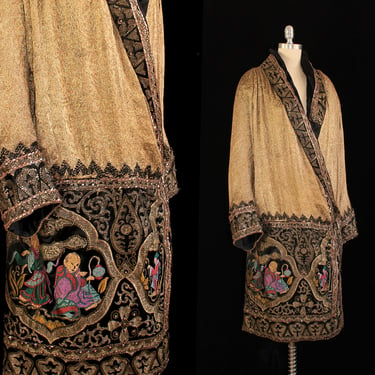 Rare 1920 Coat / Gold Lame Chinoiserie Figural Cocoon Cloak / Beaded and Embroidered / Solid Gold 