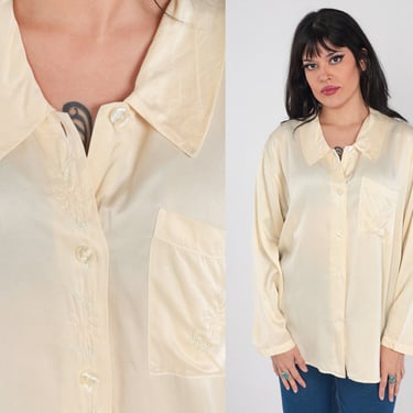 Cream Silk Blouse 90s Floral Embroidered Button Up Top Retro Long Sleeve Shirt Basic Chest Pocket Solid Simple Plain Lounge Vintage 1990s XL 