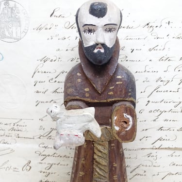 Small Antique Hand Carved Santos, Saint Francis of Assissi with Bird, Vintage Religious Carving, Church Statue 