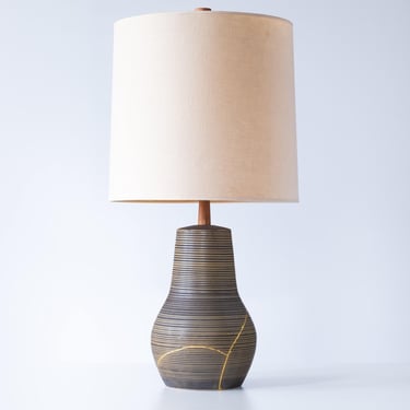 Gordon & Jane Martz / Marshall Studios Ceramic Table Lamp, Black Matte Glaze with Yellow Stripes and Kintsugi Repair 