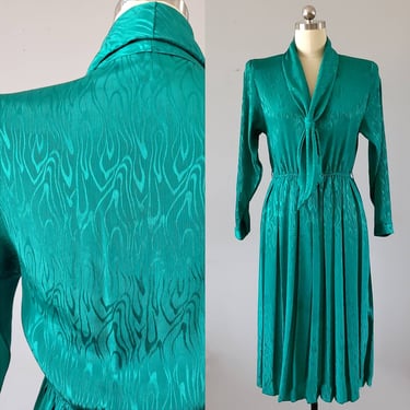 80s Does 40s Dress in Gorgeous Emerald Swirl Pattern with Sailor Tie Collar 80s Dresses 80's Women's Vintage Size Medium 
