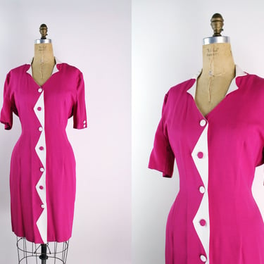 80s Fuchsia and White Geometric Dress / 1980s Hot Pink Dress / Size S/M 